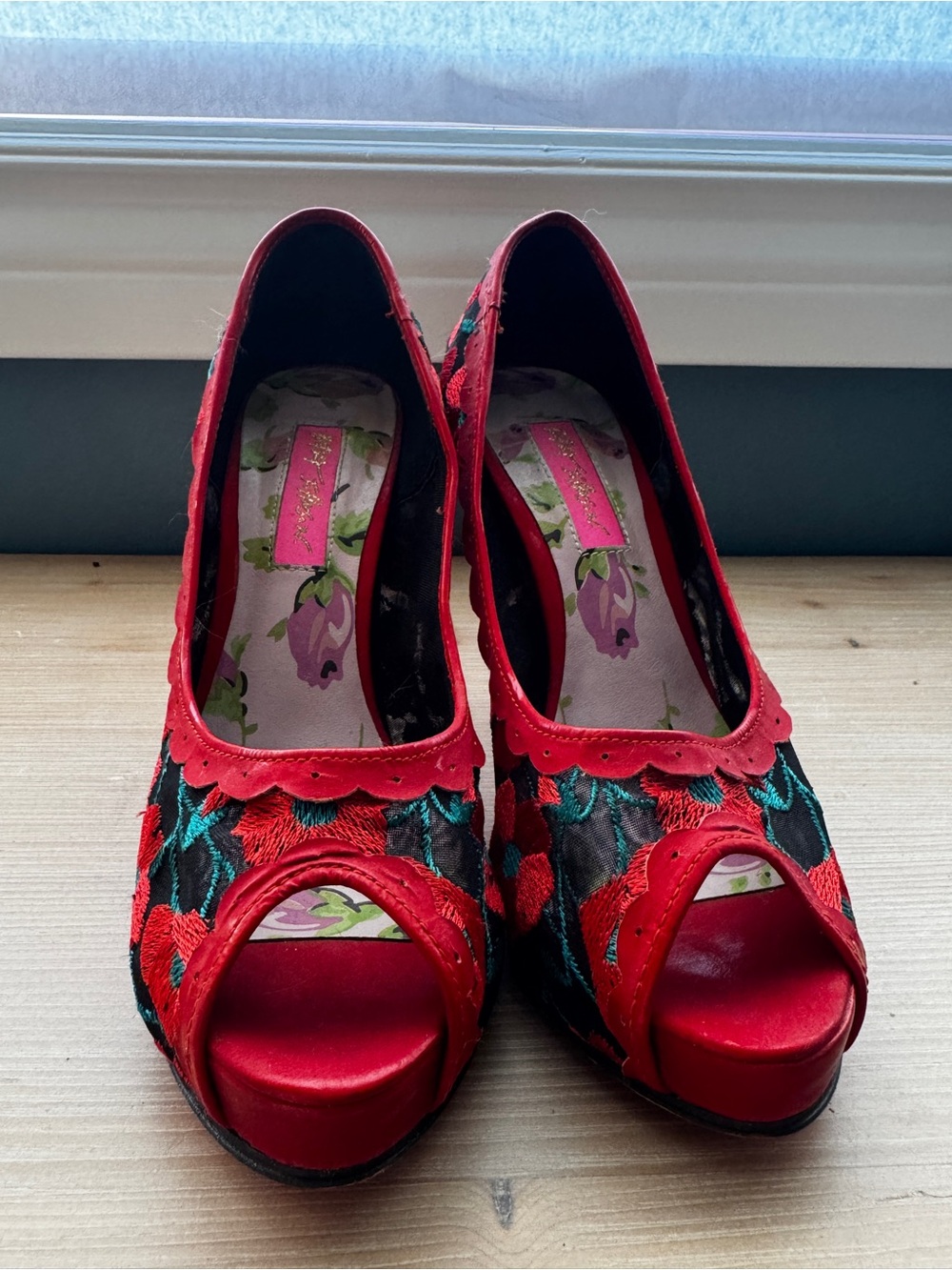 Betsey Johnson Red Floral Peep-Toe Heels with Teal Embroidery